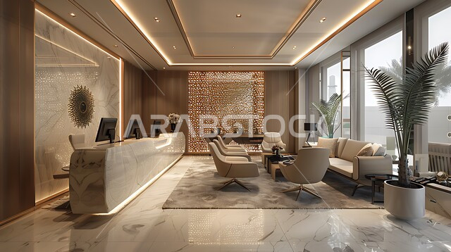 تصاميم داخلية وديكورات راقية على الطراز الحديث، واجهات زجاجية كبيرة في مكتب العمل، أثاث أنيق ومريح، شجيرات صناعية خضراء، تصميمات عصرية حديثة لمكاتب الشركات السعودية