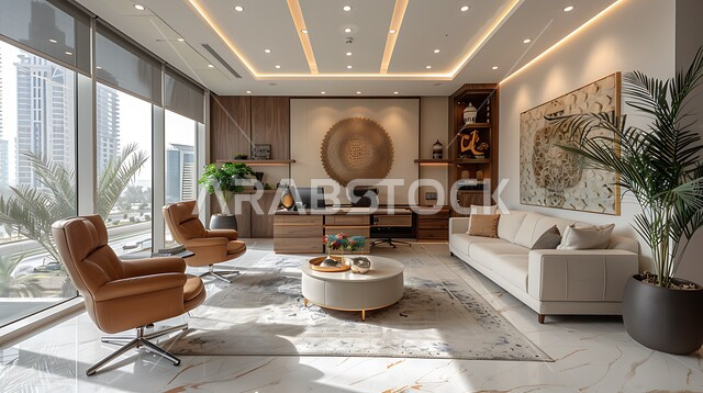 تصميمات عصرية حديثة لمكاتب الشركات السعودية، تصاميم داخلية وديكورات راقية على الطراز الحديث، واجهات زجاجية كبيرة في مكتب العمل، أثاث أنيق ومريح، شجيرات صناعية خضراء