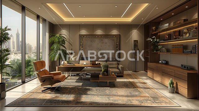 Modern designs for Saudi corporate offices, upscale interior designs and decorations in a modern style, large glass facades in the work office, elegant and comfortable furniture, green artificial shrubs