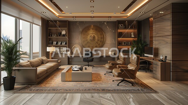 Modern designs for Saudi corporate offices, upscale interior designs and decorations in a modern style, large glass facades in the work office, elegant and comfortable furniture, green artificial shrubs