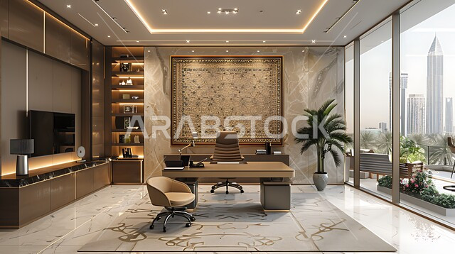 تصميمات عصرية حديثة لمكاتب الشركات السعودية، تصاميم داخلية وديكورات راقية على الطراز الحديث، واجهات زجاجية كبيرة في مكتب العمل، أثاث أنيق ومريح، شجيرات صناعية خضراء