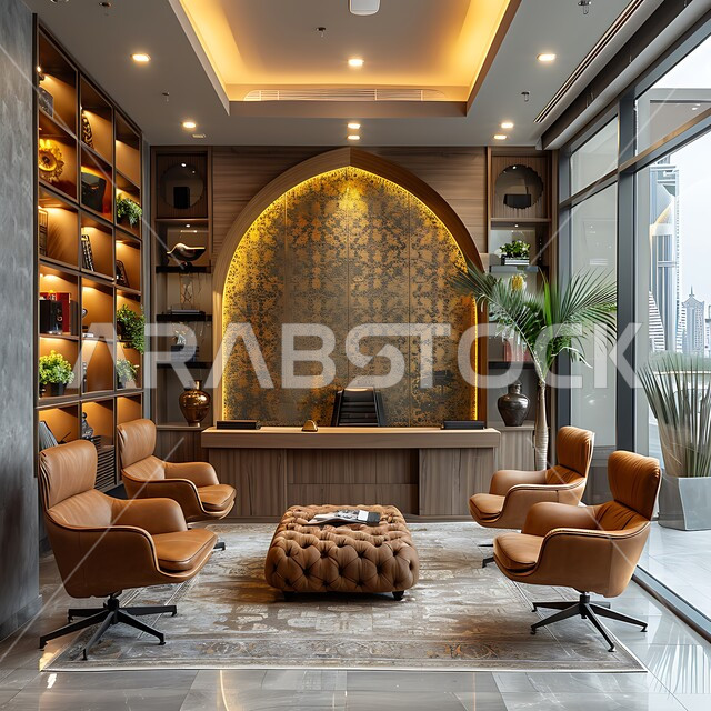 Modern designs for Saudi corporate offices, upscale interior designs and decorations in a modern style, large glass facades in the work office, elegant and comfortable furniture, green artificial shrubs