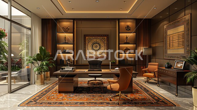 Modern designs for Saudi corporate offices, upscale interior designs and decorations in a modern style, large glass facades in the work office, elegant and comfortable furniture, green artificial shrubs
