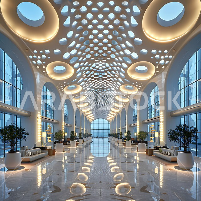 تصاميم داخلية وديكورات راقية على الطراز الحديث لمطار في المملكة العربية السعودية، النمو والتقدم العمراني، أثاث أنيق ومريح، الشجيرات والنباتات الصناعية الخضراء، مفهوم الإضاءة المتميزة