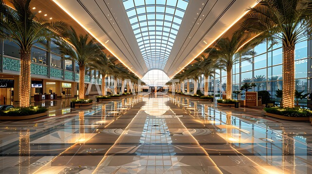 Sophisticated interior designs and decorations in a modern style for an airport in the Kingdom of Saudi Arabia, urban growth and progress, elegant and comfortable furniture, green artificial shrubs and plants, distinctive lighting concept
