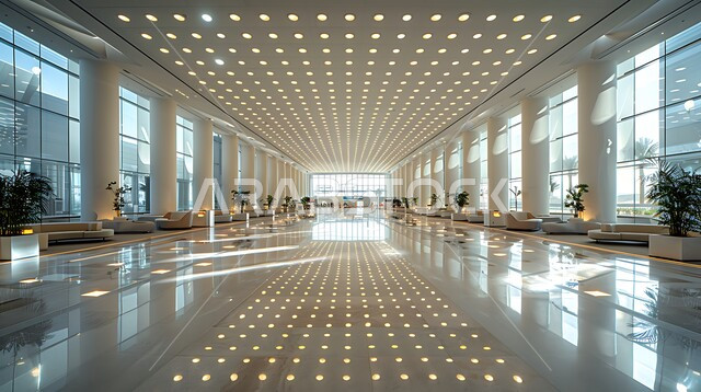 Sophisticated interior designs and decorations in a modern style for an airport in the Kingdom of Saudi Arabia, urban growth and progress, elegant and comfortable furniture, green artificial shrubs and plants, distinctive lighting concept
