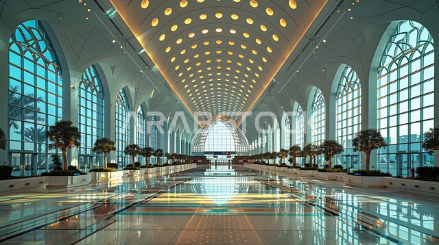 الشجيرات والنباتات الصناعية الخضراء، تصاميم داخلية وديكورات راقية على الطراز الحديث لمطار في المملكة العربية السعودية، النمو والتقدم العمراني، أثاث أنيق ومريح، مفهوم الإضاءة المتميزة