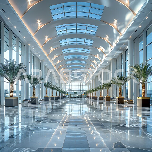الشجيرات والنباتات الصناعية الخضراء، تصاميم داخلية وديكورات راقية على الطراز الحديث لمطار في المملكة العربية السعودية، النمو والتقدم العمراني، أثاث أنيق ومريح، مفهوم الإضاءة المتميزة