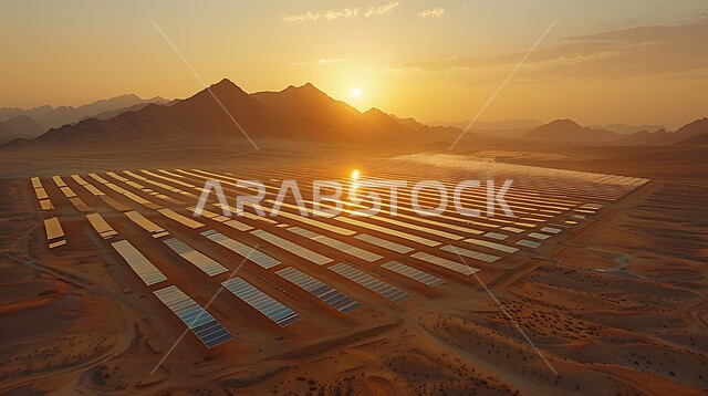 محطات الطاقات الشمسية المتجددة, مفهوم انتاج الطاقة البديلة الصديقة للبيئة في المملكة العربية السعودية, الرمال الذهبية الناعمة, صورة من الأعلى لألواح الطاقة الكهروضوئية وسط المناطق الصحراوية في النهار