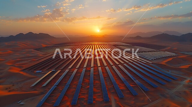 محطات الطاقات الشمسية المتجددة, مفهوم انتاج الطاقة البديلة الصديقة للبيئة في المملكة العربية السعودية, الرمال الذهبية الناعمة, صورة من الأعلى لألواح الطاقة الكهروضوئية وسط المناطق الصحراوية في النهار