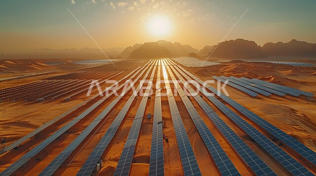 محطات الطاقات الشمسية المتجددة, مفهوم انتاج الطاقة البديلة الصديقة للبيئة في المملكة العربية السعودية, الرمال الذهبية الناعمة, صورة من الأعلى لألواح الطاقة الكهروضوئية وسط المناطق الصحراوية في النهار