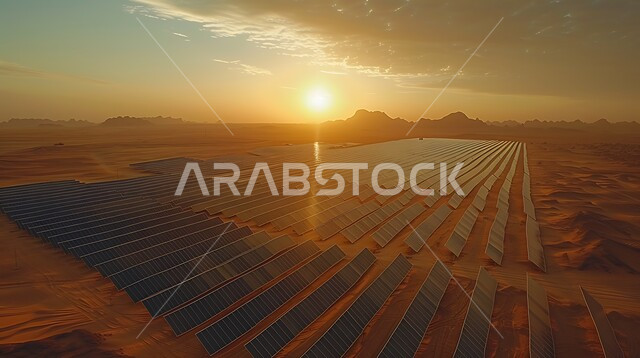 محطات الطاقات الشمسية المتجددة, مفهوم انتاج الطاقة البديلة الصديقة للبيئة في المملكة العربية السعودية, الرمال الذهبية الناعمة, صورة من الأعلى لألواح الطاقة الكهروضوئية وسط المناطق الصحراوية في النهار