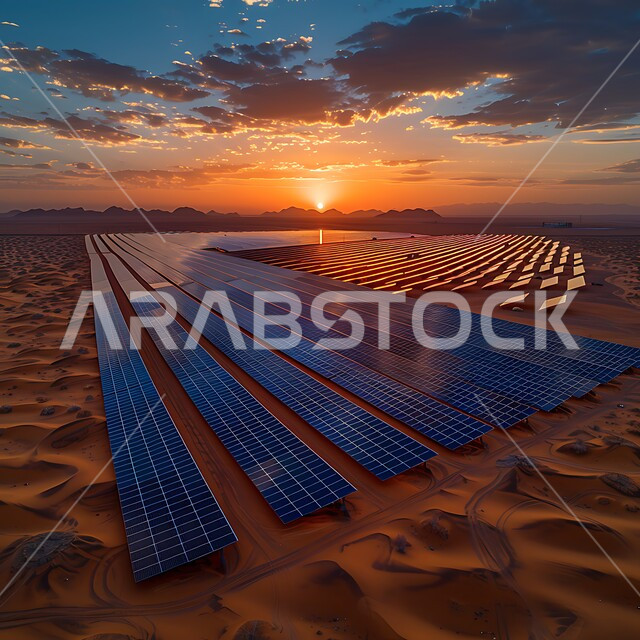 محطات الطاقات الشمسية المتجددة, مفهوم انتاج الطاقة البديلة الصديقة للبيئة في المملكة العربية السعودية, الرمال الذهبية الناعمة, صورة من الأعلى لألواح الطاقة الكهروضوئية وسط المناطق الصحراوية في النهار