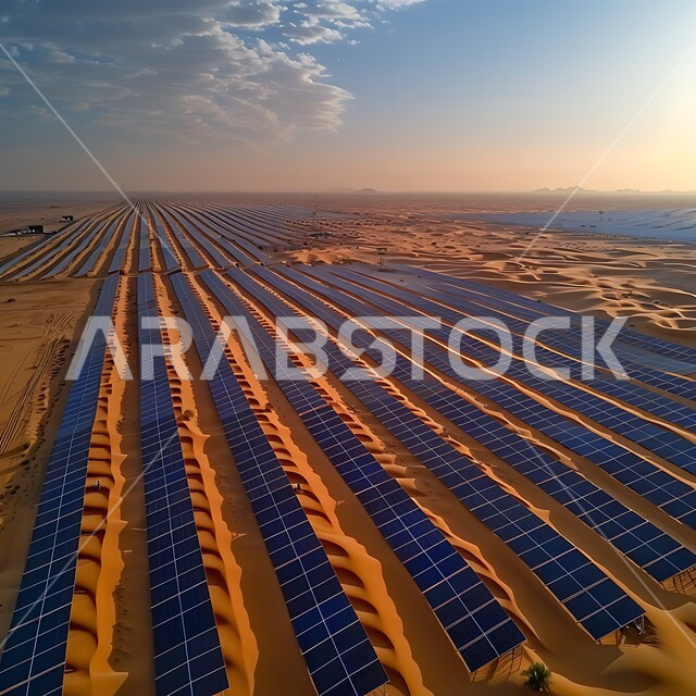مفهوم انتاج الطاقة البديلة الصديقة للبيئة في المملكة العربية السعودية, محطات الطاقات الشمسية المتجددة, الرمال الذهبية الناعمة, صورة من الأعلى لألواح الطاقة الكهروضوئية وسط المناطق الصحراوية في النهار
