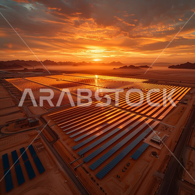 مفهوم انتاج الطاقة البديلة الصديقة للبيئة في المملكة العربية السعودية, محطات الطاقات الشمسية المتجددة, الرمال الذهبية الناعمة, صورة من الأعلى لألواح الطاقة الكهروضوئية وسط المناطق الصحراوية في النهار