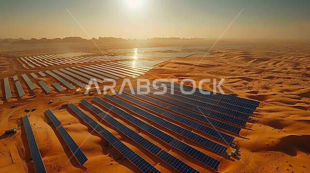 مفهوم انتاج الطاقة البديلة الصديقة للبيئة في المملكة العربية السعودية, محطات الطاقات الشمسية المتجددة, الرمال الذهبية الناعمة, صورة من الأعلى لألواح الطاقة الكهروضوئية وسط المناطق الصحراوية في النهار