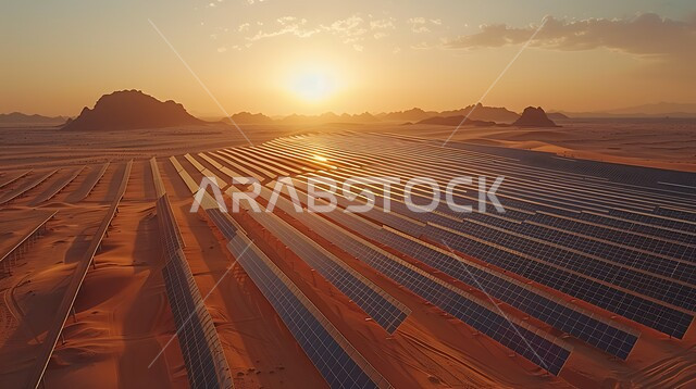 مفهوم انتاج الطاقة البديلة الصديقة للبيئة في المملكة العربية السعودية, محطات الطاقات الشمسية المتجددة, الرمال الذهبية الناعمة, صورة من الأعلى لألواح الطاقة الكهروضوئية وسط المناطق الصحراوية في النهار