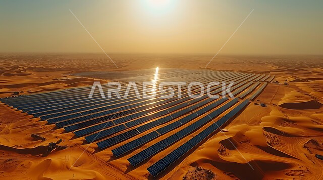 مفهوم انتاج الطاقة البديلة الصديقة للبيئة في المملكة العربية السعودية, محطات الطاقات الشمسية المتجددة, الرمال الذهبية الناعمة, صورة من الأعلى لألواح الطاقة الكهروضوئية وسط المناطق الصحراوية في النهار