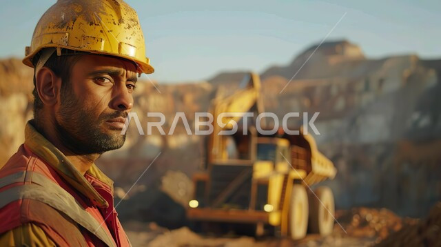الاشراف على عمل الآلات والمعدات الثقيلة، استخدام الرافعات والسقالات في مواقع البناء، وظائف هندسية صناعية في السعودية، صورة مقربة لعامل بناء عربي خليجي سعودي يرتدي خوذة وسترة الحماية ينظر إلى شيء ما بإيماءات التعب والارهاق يعمل في مجال الإنشاءات