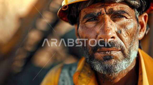 وظائف هندسية صناعية في السعودية، صورة مقربة لعامل بناء عربي خليجي سعودي يرتدي خوذة وسترة الحماية ينظر إلى الكاميرا بإيماءات التعب والارهاق يعمل في مجال الإنشاءات، الاشراف على عمل الآلات والمعدات الثقيلة، استخدام الرافعات والسقالات في مواقع البناء