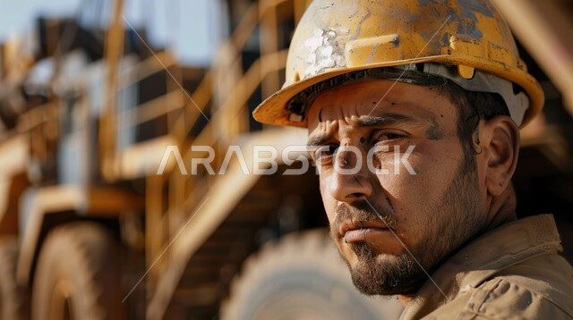 الاشراف على عمل الآلات والمعدات الثقيلة، استخدام الرافعات والسقالات في مواقع البناء، وظائف هندسية صناعية في السعودية، صورة مقربة لعامل بناء عربي خليجي سعودي يرتدي خوذة وسترة الحماية ينظر إلى شيء ما بإيماءات التعب والارهاق يعمل في مجال الإنشاءات
