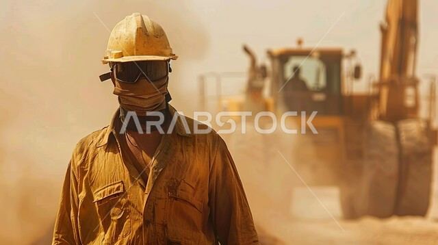 Using cranes and scaffolds on construction sites, industrial engineering jobs in Saudi Arabia, a close-up photo of a Saudi Arabian Gulf construction worker wearing a helmet and protective vest, walking with gestures of fatigue and exhaustion, working in the construction field, supervising the work of heavy machinery and equipment.