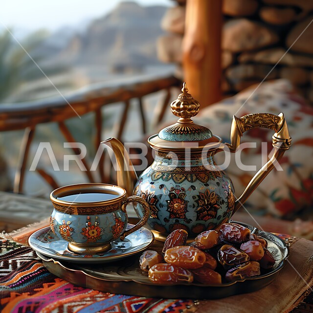 العادات العربية القديمة في تقديم القهوة، حسن الضيافه وكرم الإستقبال في المملكة العربية السعودية، فنجان القهوة العربية مع التمر الطازج من النخل، جودة المنتجات والمحاصيل المحلية الوطنية، الاستمتاع بالمشروبات الساخنة
