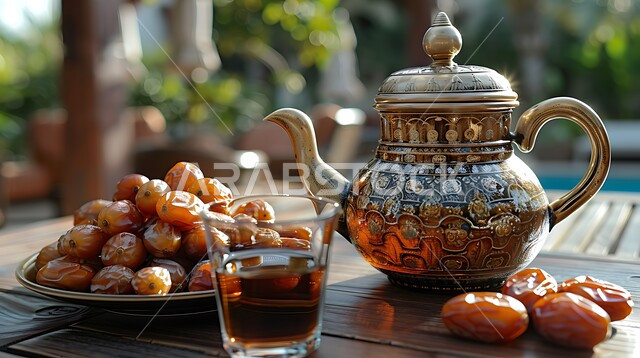 العادات العربية القديمة في تقديم القهوة، حسن الضيافه وكرم الإستقبال في المملكة العربية السعودية، فنجان القهوة العربية مع التمر الطازج من النخل، جودة المنتجات والمحاصيل المحلية الوطنية، الاستمتاع بالمشروبات الساخنة