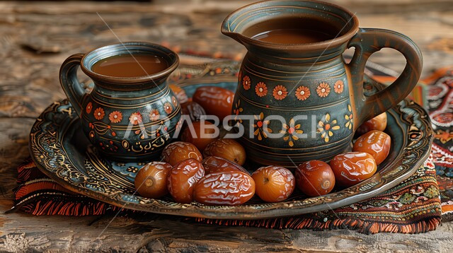 الاستمتاع بالمشروبات الساخنة، العادات العربية القديمة في تقديم القهوة، حسن الضيافه وكرم الإستقبال في المملكة العربية السعودية، فنجان القهوة العربية مع التمر الطازج من النخل، جودة المنتجات والمحاصيل المحلية الوطنية