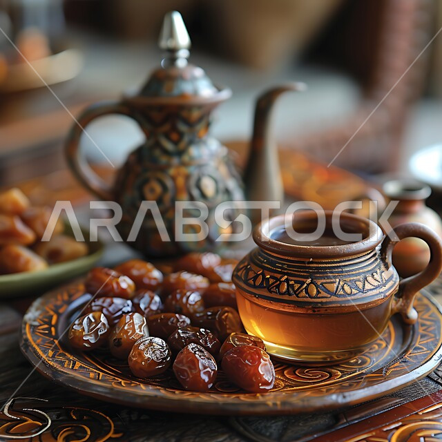 الاستمتاع بالمشروبات الساخنة، العادات العربية القديمة في تقديم القهوة، حسن الضيافه وكرم الإستقبال في المملكة العربية السعودية، فنجان القهوة العربية مع التمر الطازج من النخل، جودة المنتجات والمحاصيل المحلية الوطنية