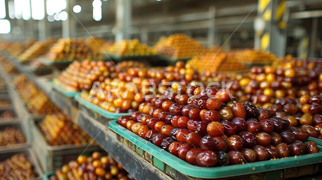 Traditional popular markets selling dates from the palm trees of the Kingdom of Saudi Arabia, local and national Saudi agricultural crops and products, types of fresh healthy dates, a meal with a high nutritional value, and delicious Ramadan hospitality.