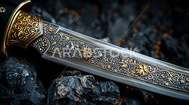 Old-style antiques, a close-up of a traditional decorated metal dagger, heritage antique pieces with distinctive gold-colored designs, popular metal works, the authenticity of customs and traditions in the Kingdom of Saudi Arabia