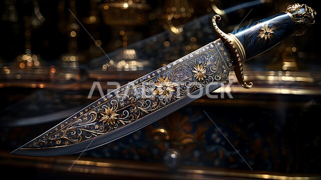 Old-style antiques, a close-up of a traditional decorated metal dagger, heritage antique pieces with distinctive gold-colored designs, popular metal works, the authenticity of customs and traditions in the Kingdom of Saudi Arabia