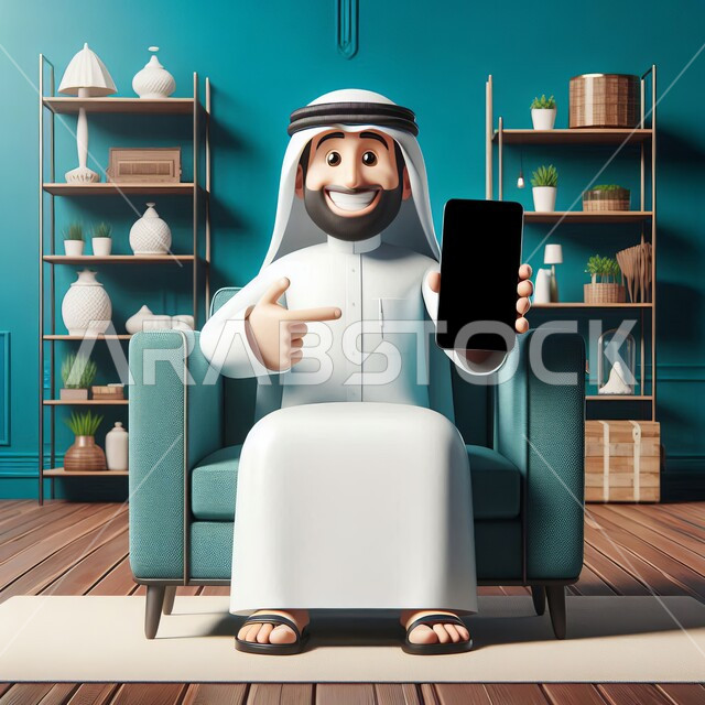 النظر الى الكاميرا بايماءات السرور والسعادة، استخدام الأجهزة التقنية الحديثة المتطورة، رسوم توضيحية ثلاثية الأبعاد لرجل عربي خليجي سعودي مبتسم يرتدي الشماغ والثوب التقليدي يجلس على كرسي مريح يمسك بيده الهاتف المحمول يشير بإصبع السبابة الى شاشة سوداء فارغة