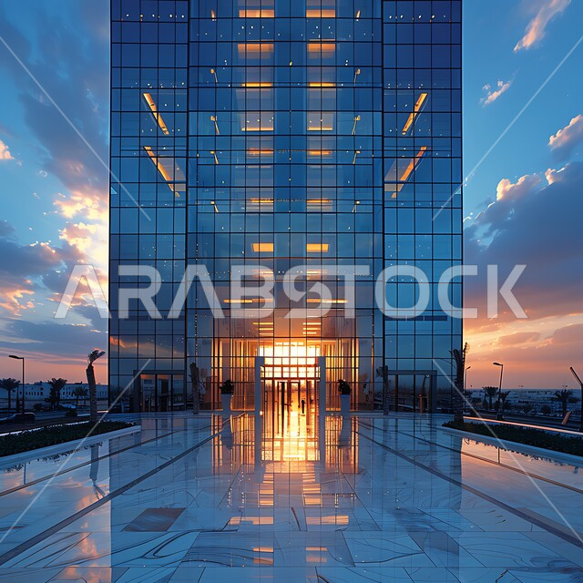 الفن الهندسي المعماري على الطراز الحديث للأبراج وناطحات السحاب في المملكة العربية السعودية, برج حديث بواجهات زجاجية في مدينة الرياض, المنشآت التجارية الفاخرة في وقت النهار، النمو و التقدم العمراني في العاصمة