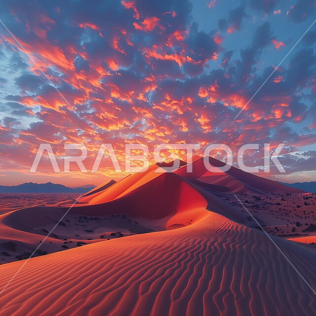 مناطق البادية والبيئة الطبيعية الصحراوية وقت غروب الشمس، الهضاب و التلال من الرمال الناعمة في الربع الخالي، التضاريس و المرتفعات والقمم الجبلية في البراري، التكوينات والتشكلات الرملية في صحراء المملكة العربية السعودية، خلفية الطبيعة