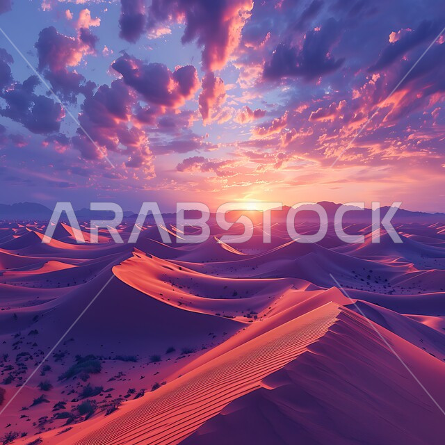  الهضاب و التلال من الرمال الناعمة في الربع الخالي، التضاريس و المرتفعات والقمم الجبلية في البراري، مناطق البادية والبيئة الطبيعية الصحراوية وقت غروب الشمس، التكوينات والتشكلات الرملية في صحراء المملكة العربية السعودية، خلفية الطبيعة