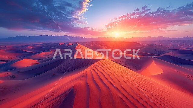 التكوينات والتشكلات الرملية في صحراء المملكة العربية السعودية، الهضاب و التلال من الرمال الناعمة في الربع الخالي، التضاريس و المرتفعات والقمم الجبلية في البراري، مناطق البادية والبيئة الطبيعية الصحراوية وقت غروب الشمس، خلفية الطبيعة