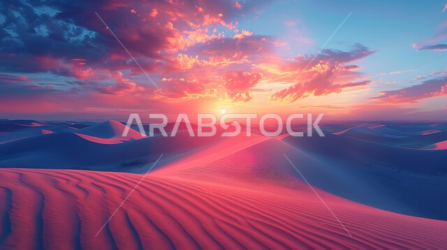 مناطق البادية والبيئة الطبيعية الصحراوية وقت غروب الشمس، الهضاب و التلال من الرمال الناعمة في الربع الخالي، التضاريس و المرتفعات والقمم الجبلية في البراري، التكوينات والتشكلات الرملية في صحراء المملكة العربية السعودية، خلفية الطبيعة