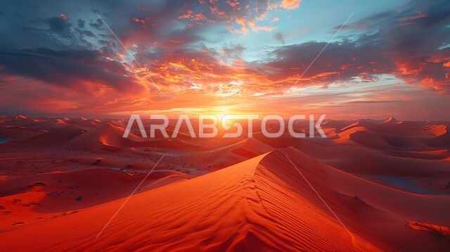  الهضاب و التلال من الرمال الناعمة في الربع الخالي، التضاريس و المرتفعات والقمم الجبلية في البراري، مناطق البادية والبيئة الطبيعية الصحراوية وقت غروب الشمس، التكوينات والتشكلات الرملية في صحراء المملكة العربية السعودية، خلفية الطبيعة