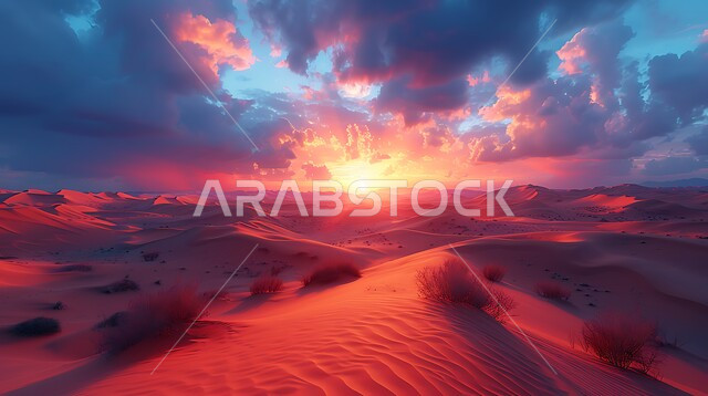 التكوينات والتشكلات الرملية في صحراء المملكة العربية السعودية، الهضاب و التلال من الرمال الناعمة في الربع الخالي، التضاريس و المرتفعات والقمم الجبلية في البراري، مناطق البادية والبيئة الطبيعية الصحراوية وقت غروب الشمس، خلفية الطبيعة