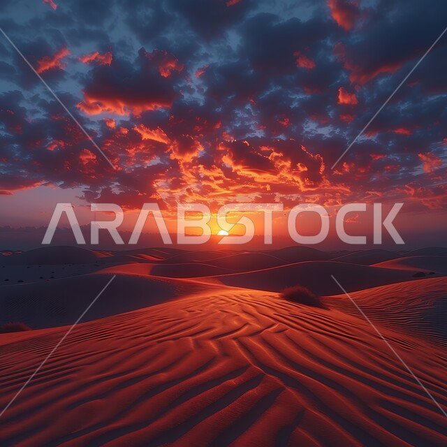  الهضاب و التلال من الرمال الناعمة في الربع الخالي، التضاريس و المرتفعات والقمم الجبلية في البراري، مناطق البادية والبيئة الطبيعية الصحراوية وقت غروب الشمس، التكوينات والتشكلات الرملية في صحراء المملكة العربية السعودية، خلفية الطبيعة