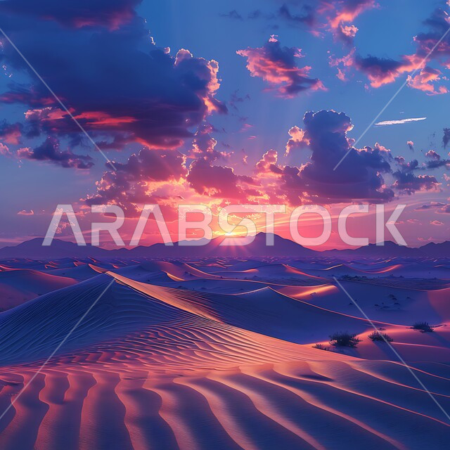 التكوينات والتشكلات الرملية في صحراء المملكة العربية السعودية، الهضاب و التلال من الرمال الناعمة في الربع الخالي، التضاريس و المرتفعات والقمم الجبلية في البراري، مناطق البادية والبيئة الطبيعية الصحراوية وقت غروب الشمس، خلفية الطبيعة