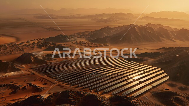 محطات الطاقات الشمسية المتجددة, مفهوم انتاج الطاقة البديلة الصديقة للبيئة في المملكة العربية السعودية, الرمال الذهبية الناعمة, صورة من الأعلى لألواح الطاقة الكهروضوئية وسط المناطق الصحراوية في النهار