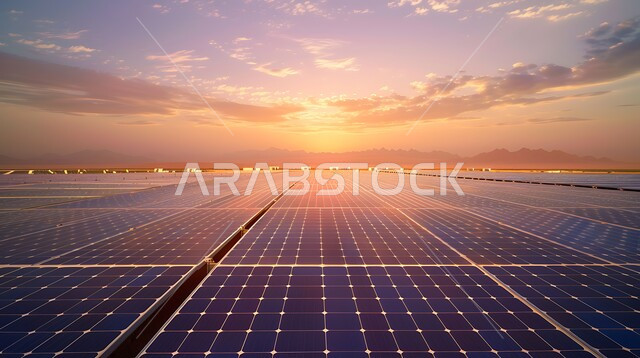 مفهوم انتاج الطاقة البديلة الصديقة للبيئة في المملكة العربية السعودية, الرمال الذهبية الناعمة, صورة من الأعلى لألواح الطاقة الكهروضوئية وسط المناطق الصحراوية في النهار، محطات الطاقات الشمسية المتجددة