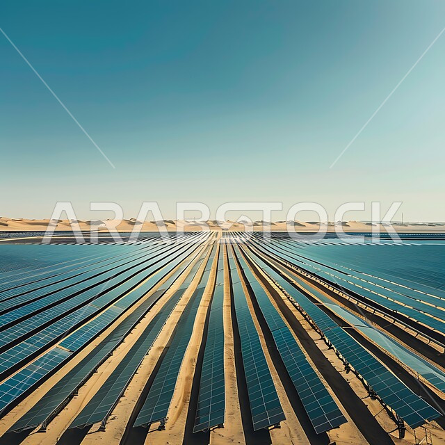 محطات الطاقات الشمسية المتجددة, مفهوم انتاج الطاقة البديلة الصديقة للبيئة في المملكة العربية السعودية, الرمال الذهبية الناعمة, صورة من الأعلى لألواح الطاقة الكهروضوئية وسط المناطق الصحراوية في النهار