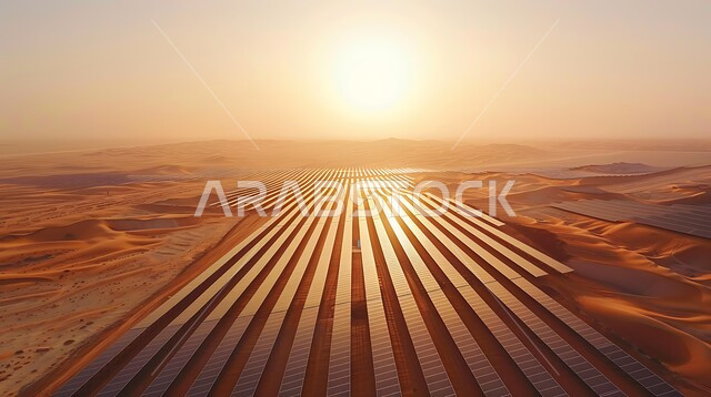 محطات الطاقات الشمسية المتجددة, مفهوم انتاج الطاقة البديلة الصديقة للبيئة في المملكة العربية السعودية, الرمال الذهبية الناعمة, صورة من الأعلى لألواح الطاقة الكهروضوئية وسط المناطق الصحراوية في النهار