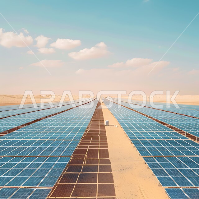 مفهوم انتاج الطاقة البديلة الصديقة للبيئة في المملكة العربية السعودية, الرمال الذهبية الناعمة, صورة من الأعلى لألواح الطاقة الكهروضوئية وسط المناطق الصحراوية في النهار، محطات الطاقات الشمسية المتجددة