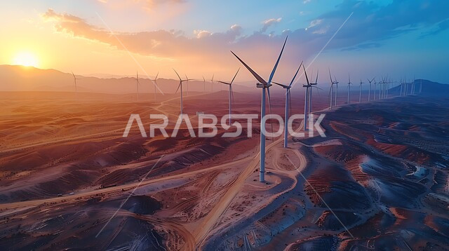 حقول توربينات الرياح وطواحين الهواء وسط الرمال الذهبية في المناطق الصحرواية، مفهوم استخدام الطاقات المتجددة صديقة البيئة، التنمية المستدامة بالطاقة البديلة في المملكة العربية السعودية