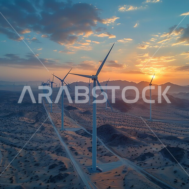  التنمية المستدامة بالطاقة البديلة في المملكة العربية السعودية، حقول توربينات الرياح وطواحين الهواء وسط الرمال الذهبية في المناطق الصحرواية، مفهوم استخدام الطاقات المتجددة صديقة البيئة